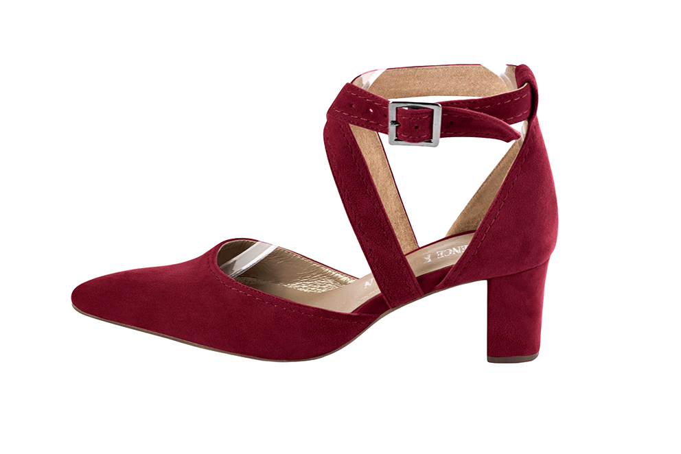Burgundy red open side elegant shoes, with crossed straps. Tapered toe. Medium block heels. - Florence KOOIJMAN